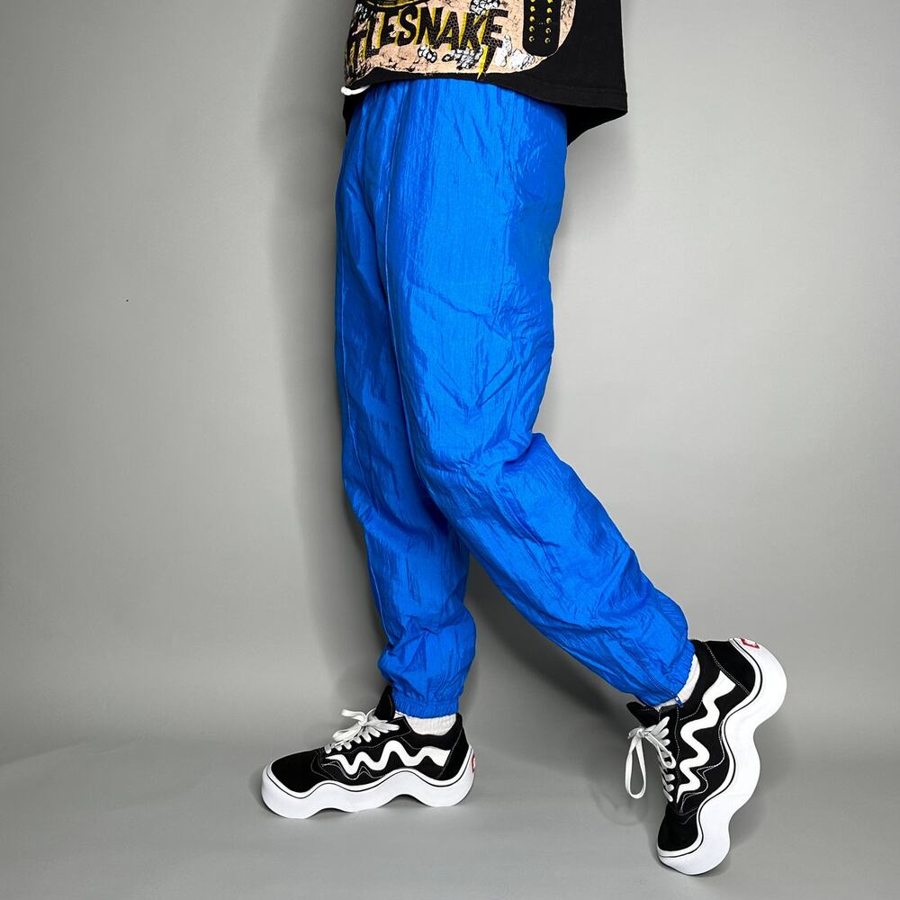Vintage 90s Track Pants Mens M Blue Nylon Joggers Elastic Cuffs Ankle Zippers